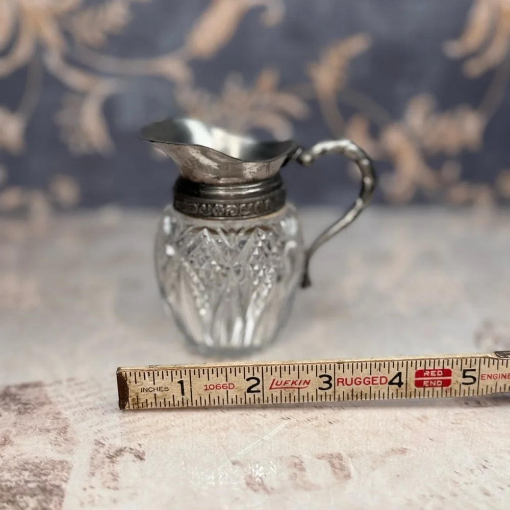 Antique Cut Glass Creamer Pitcher w/ Pewter Top & Handle Estate Mini Jug